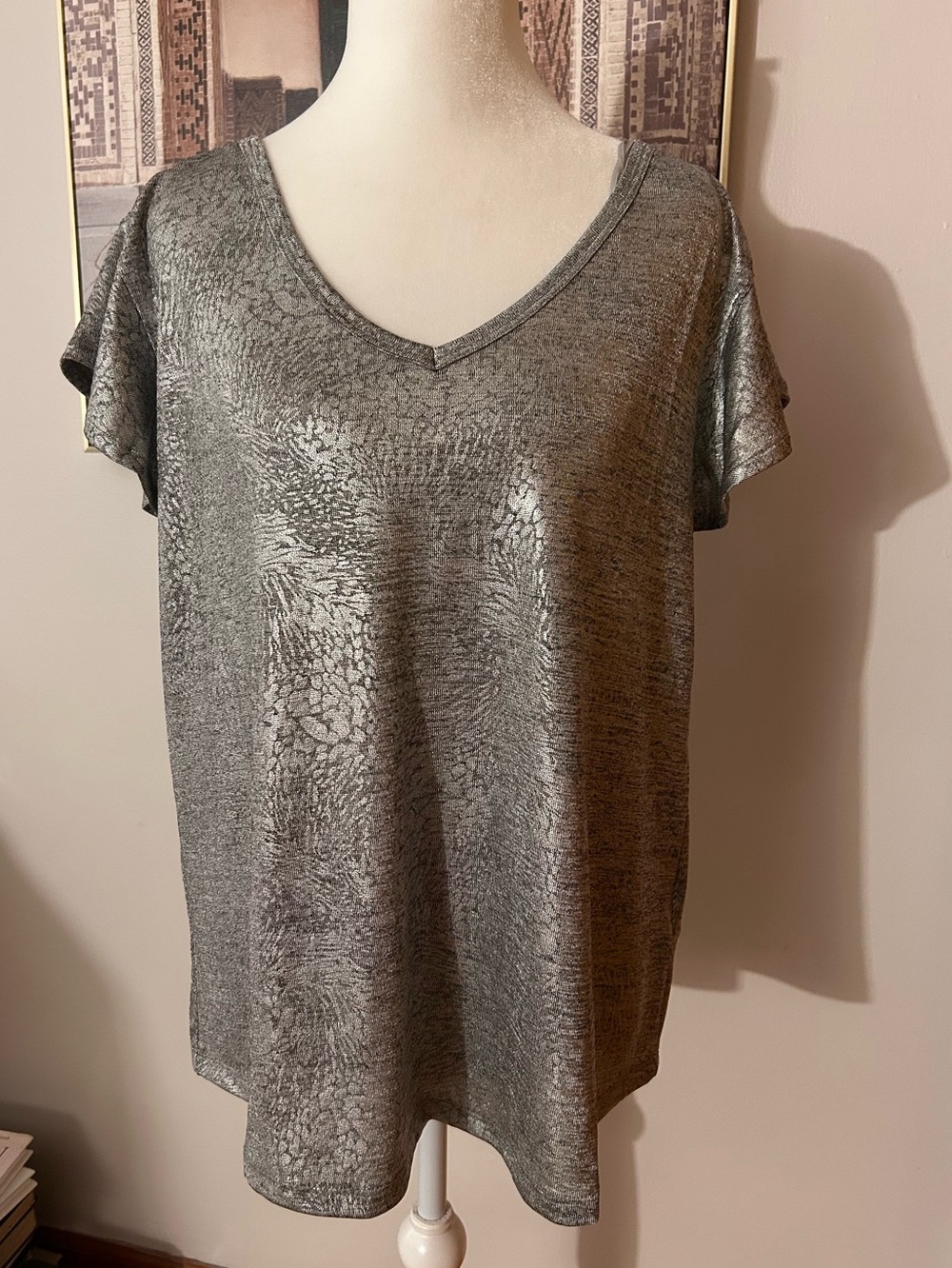 Catherine Malandrino Metallic Silver V-Neck Short Sleeve Top Size XL